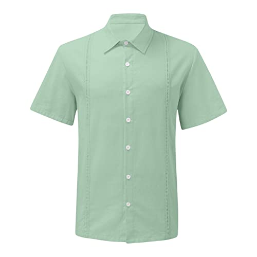 Men's Short Sleeve Cotton Linen Shirts Lightweight Summer Button Down Shirt Plain Tropical Holiday Beach T Shirt (Green,Large)