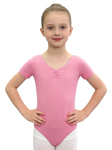 Agoky Maillot De Danza Gimnasia para Niña Leotardo De Ballet Manga Corta Body Clásico De Algodón Disfraz De Bailarina Rosa 15-16 años