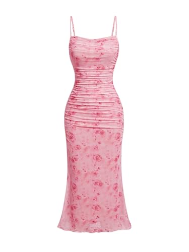 GORGLITTER Women's Floral Ruched Bodycon Midi Dress Mesh Sleeveless Fishtail Cami Dresses