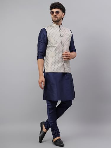 Image of LATEST CHIKAN Men's Silk Blend Kurta Pyjama Set with Jacquard Nehru Jacket - Festive&Wedding-Wear