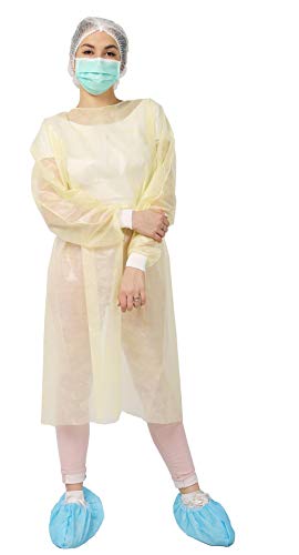 Isolation Gowns. Pack of 10 Adult Disposable Gowns. Yellow Protective Gowns with Long sleeves, Neck and Waist ties. XL Size. Non-sterile examination gowns. Spunbonded Polypropylene. Latex-free.