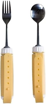 Adaptive Utensils for Arthritis, Easy Grip Fork and Spoon Set Removable 360 Degree Rotation Silverware with Adjustable Silicone Strap for Parkinsons Elderly and Hand Tremors