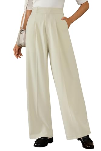 Arach&Cloz 2026 Womens Wrinkle Free Wide Leg Dress Pants High Elastic Waisted Pleated Loose Palazzo Pants Pocket Dressy Work Trousers Business Casual Teacher Outfits Ankle Petite Regular Off-White M