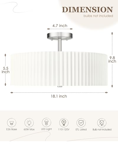 Image of Semi Flush Mount Ceiling Lights, 4-Light 18 inch Ceiling Light Fixture with White Pleated Fabric Shade, Brushed Nickel Drum Lamp for Nursery Hallway Bedroom Kitchen, AD-25036-4SF-SN