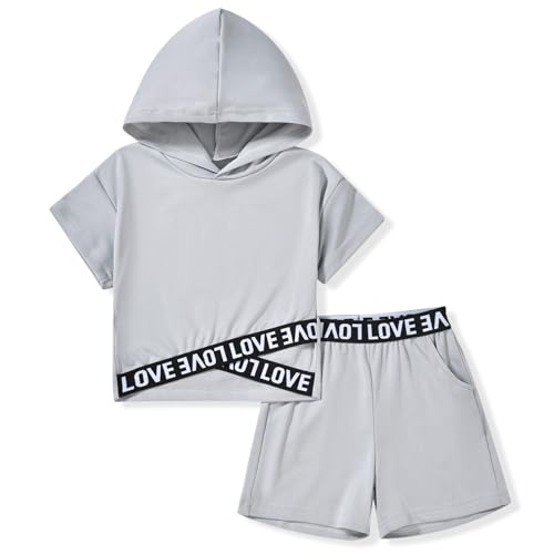 Image of HIHA Toddler Little Girls Short Sleeve Hooded Shirts Shorts Set Solid Color Summer 2 Piece Outfit