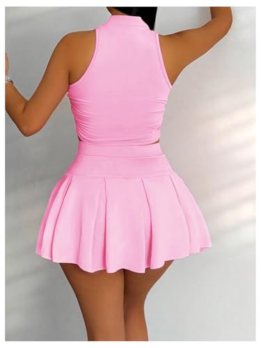 Women's 2 Piece Tennis Skirt Set Sleeveless Racerback Crop Tank Tops High Waisted Pleated Mini Skirt Outfits2