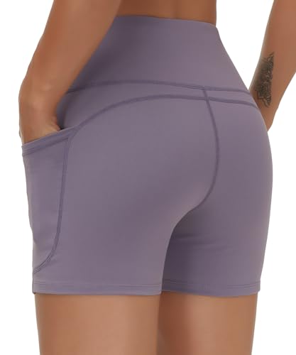 Image of THE GYM PEOPLE High Waist Yoga Shorts for Women's Tummy Control Fitness Athletic Workout Running Shorts with Deep Pockets