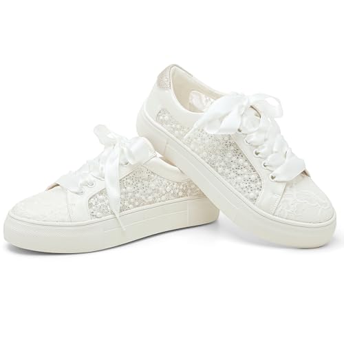 Elivandon 9993 Wedding Shoes Lace Bridal Sneakers 1.46" Platform Bride Tennis Shoes Sparkling Rhinestone Wedding Sneakers2