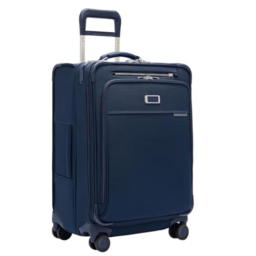 Image of Briggs & Riley 24 Inch Compact Checked Suitcase Luggage with Wheels - Zipperless Compression Expansion System, 360 Spinner, Flat Packing Interior, Accessible Front Pocket - Baseline Collection - Navy