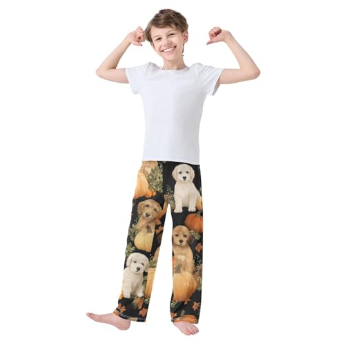 Terrier Dog Pumpkins Boys Long Pants Soft Trousers Elastic Waist Kids Lounge Bottoms with Pockets S-XL3