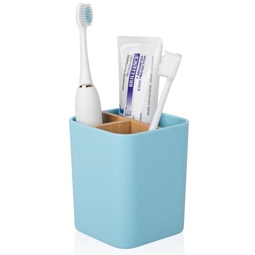 Bamboo Toothbrush Holder for Bathrooms 3 Slots Toothbrush and Toothpaste Holder Bathroom Counter Organizer for Electric Toothbrushes Floss Razors - Blue