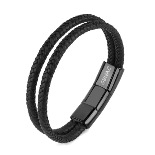 Genac - Pulsera doble para hombre de piel auténtica trenzada, marrón y azul, con cierre magnético extraíble de acero inoxidable para ajustar fácilmente la longitud