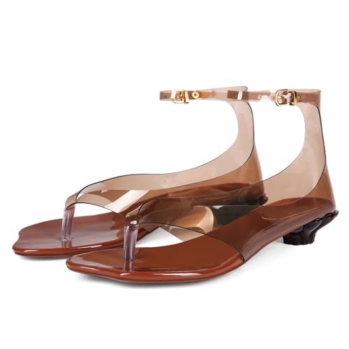 Jelly Sandals for Women Fip Flop Kitten Heel Sandals Clear Ankle Strap Thong Heels Summer Dress Shoes