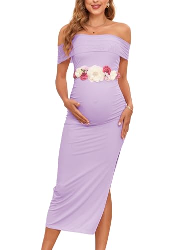 Image of AISWI Maternity Mesh Split Dress Off The Shoulder Ruched Bodycon Pregnancy Dresses Baby Shower Photoshoot, Without Belt, Light Purple, Small