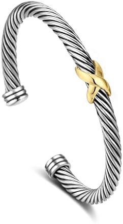 Cuff Bracelet for Women Cable Wire Bracelet - Two Tone Twisted Bangle Bracelet - Silver Cuff Knot Vintage Bracelets Jewelry