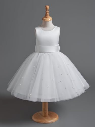 Flower Girl Dress Tulle Satin Wedding Party Dress with Pearls Gilrs Birthday Party Dress with Bow-Knot2