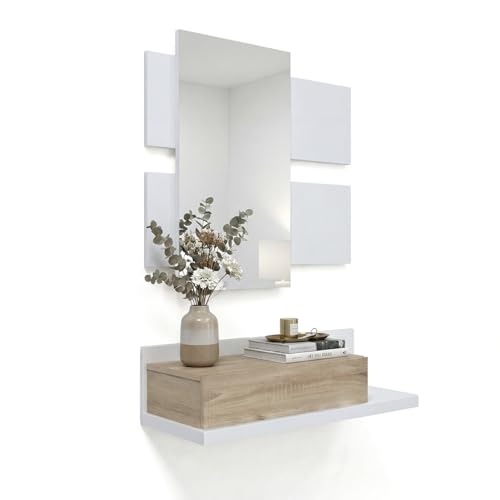 duehome | Recibidor con cajón y Espejo, Mueble de Entrada, Modelo Milo, Acabado en Blanco Artik y Roble Canadian, Medidas: 75 cm (Largo) x 29 cm (Fondo) x 116 cm (Alto)