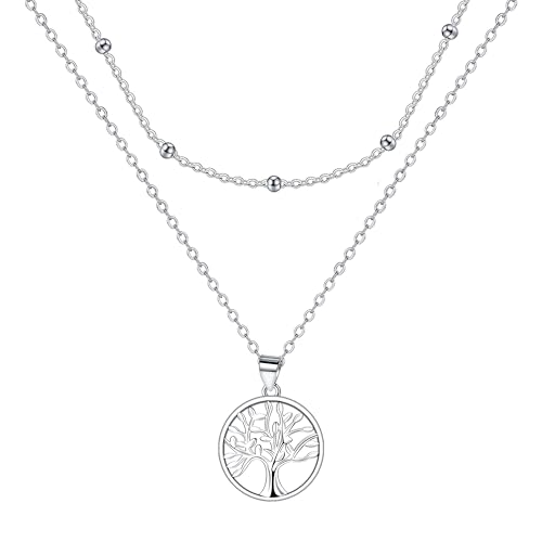 J.MUEN 925 Sterling Silber lebensbaum Anhänger Halskette mit Geschichtete Kette Damen alles Gute zum Geburtstag Geschenkideen Schmuck Für Frauen Und Mädchen