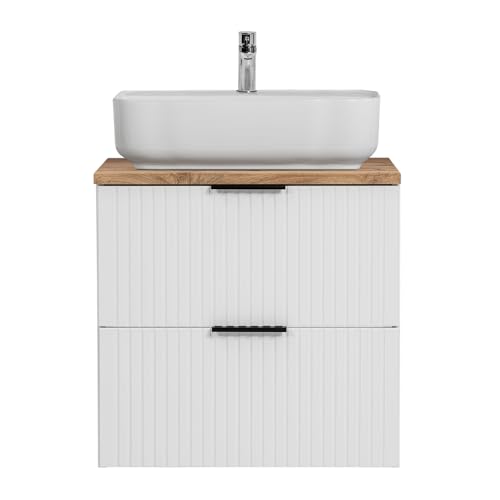 Lomadox Waschtisch 60cm mit Aufsatzbecken, weiß mit Eiche Nb., Front gerillt, Keramikwaschbecken weiß