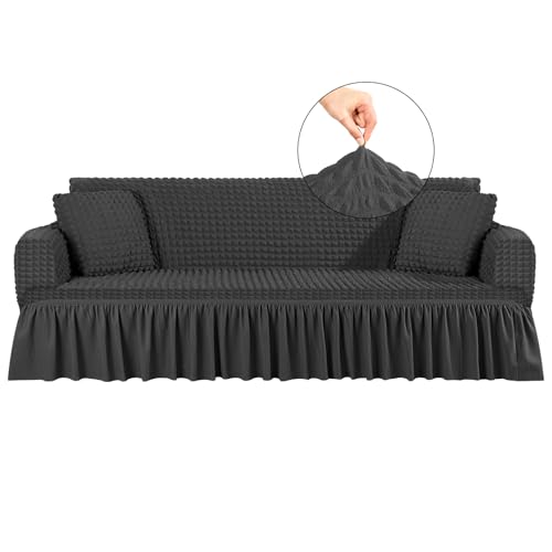 SmoothNovelty 1 Sofa Slipcover and 2 Pilllow Cover Set Sofa Couch Cover with Skirt Durable Washable High Elastic Stretchable Furniture Protector(Dark Gray,L)