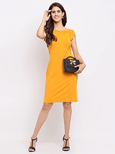 Image of Shasmi Women's Comfortable Mustard Sweetheart Neck Sleeveless Solid Midi Bodycon Casual Western Stylish Dress for Womens
