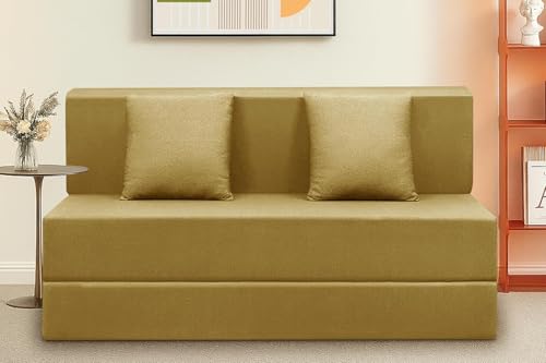 Image of Foldable Two Seater Convertible Sofa Cum Bed (4x6 ft) with Cushion | Jute Fabric | Ideal for Living Room & Guest Room - Golden Color