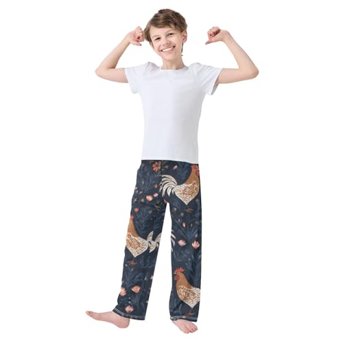 ZZXXB Retro Rooster Flowers Boys Long Pants Soft Trousers Elastic Waist Kids Lounge Bottoms with Pockets S-XL3