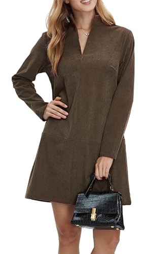EZAPINE Damen Cordkleid V-Ausschnitt Langarm Casual Vintage Retro A-Linie Minikleider, Braun, XX-Large