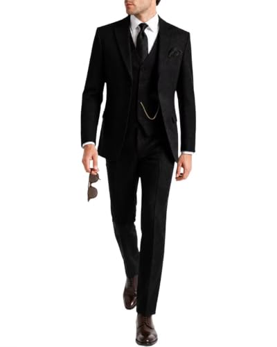 Retro Tweed Men Suit Wool Blend 3 Pieces Slim Fit Suit for Mens Black 3XL