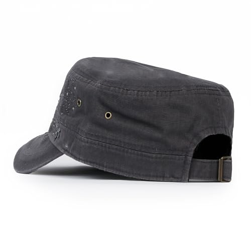 Image of ililily Crystal Gemstone Stud Flower Vintage Cotton Military Army Hat Cadet Cap