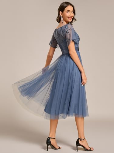 Image of Ever-Pretty Women's Round Neck Lace Embroidered Short Sleeve A Line Tea-Length Cocktail Dress 02293