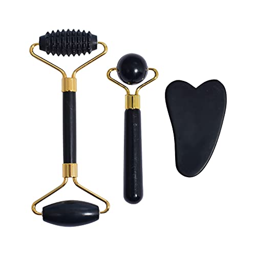 WYZHDQ Gua Sha Sets Jade Roller for Face 3-in-1 Kits with Facial Massager Tools 100% Natural Green White and Black Jade Stone Face Beauty Set for Skin Care Face Neck Body Eye Anti-Wrinkle Durable