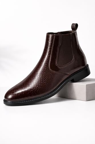 Image of Men's Leather Chelsea Boots | Ankle Boots with Textured Finish Formal & Smart Casual Boots | Comfortable Fit, Trendy, Stylish Boots | Leather Boots for Office /Fashionable