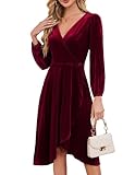 Meetjen - Vestido formal de terciopelo con cuello en V para mujer, manga larga, fluido, elegante, de caída alta-baja, 2025, midi, para invierno, cóctel, fiesta, granate, M