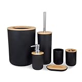 wanym set bagno accessori completo legno, 6 pezzi dispenser di sapone, portasapone, portaspazzolino, tazza di risciacquo, porta scopino per wc, pattumiera, pp e bambù,nero