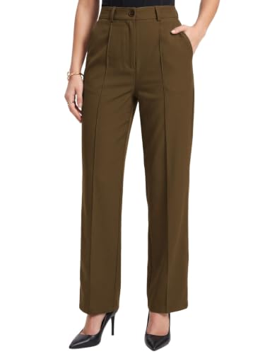 Image of Selvia Women's Solid Straight Fit Trousers, Front Pleated Formal Pants