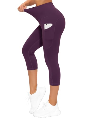Image of THE GYM PEOPLE Thick High Waist Capris Yoga Pants with Pockets, Tummy Control Workout Running Yoga Leggings for Women
