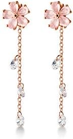 Dainty Cherry Blossoms Dangle Stud Earrings S925 Sterling Silver for Women Girls Rose Gold Pink Crystal CZ Diamond Dangling Charm Flower Leaf Threader Earring Ear Jackets Cute Jewelry Gifts Bridesmaid