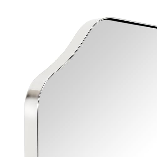 Image of TEHOME Polished Nickel Scalloped Bathroom Mirror, 32x24'' Polished Silver Asymmetrical Bathroom Vanity Mirror for Wall
