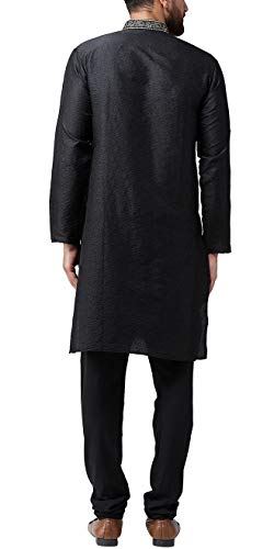 Image of SOJANYA (Since 1958 Mens Maroon Jacquard Silk Kurta and Black Churidaar Pyjama Set