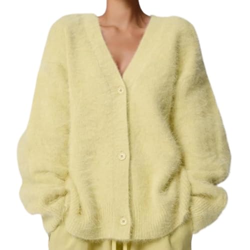 Image of Womens Fuzzy Sweaters Cardigan V-Neck Button Down Oversized Mohair Sweater Casual Y2k 2026 Fall Winter