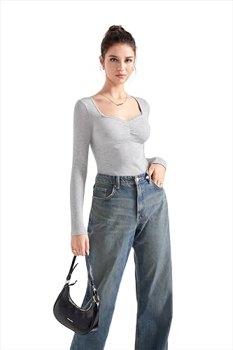Image of SUUKSESS Women Sweetheart V Neck Long Sleeve Tops Lace Trim Ribbed Modal Fall Going Out Shirts