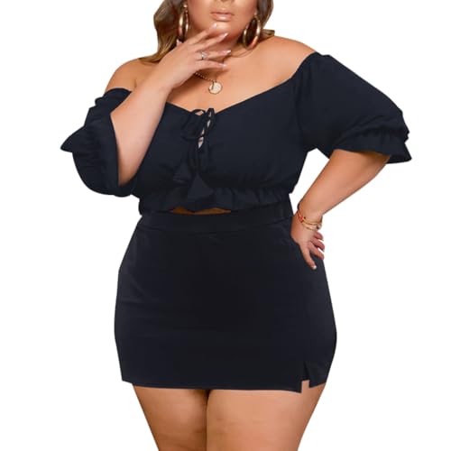 Image of Women Plus Size Skirt Two Piece Outfit Short Sleeve Off The Shoulder Crop Top shorts Dress Suit Set