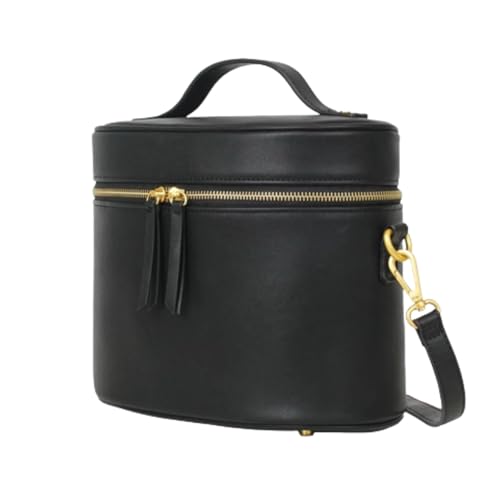 FAWN DESIGN The Train Case, Faux Leather Skin Care Black Makeup Bag with Adjustable Messenger Strap, Travel Toiletry Bag 4 Elastic Band Holders, 5 Interior Pockets and 1 Zipper Pocket, 10x6x8 inches