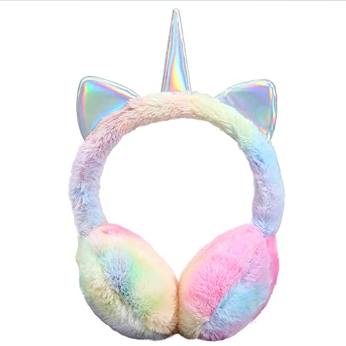 Winter Unicorn Earmuffs & Glove Set, Cute Cartoon Foldable Earmuff Rainbow Ear Warmers for Girls/Women's Gift
