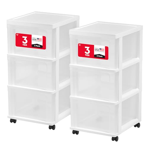 Image of IRIS USA Plastic 3-Drawer Storage Organizer Rolling Cart, with Wheels Casters, 2-Pack, for Classroom Art Supplies Bathroom Dorm Bedroom Laundry Room, Slim Narrow, White /Clear