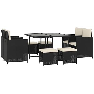 Outsunny 9 Pieces Outdoor Dining Set for 8, Space Saving Wicker Chairs and Square Glass Table with Cushions and Ottomans, Rattan Conversation Patio Furniture Set for Garden, Black/Cream White