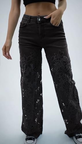 loveimgs Womem Baggy Lace Patchwork Hollow Out Denim Pants High Rise Wide Leg Floral Cutout Floor Length Jeans Pockets Zipper2