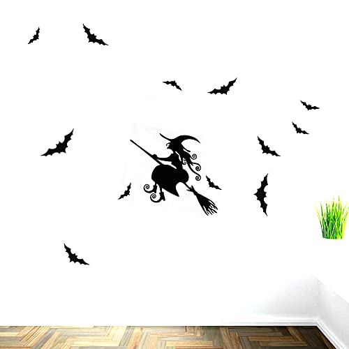 Bibitime Scary Halloween Wall Stickers Vinyl Home Decor Shop Window Decals Room Art Murals Pub Bar Indoor Scene Setter (Flying Witch And 12 Bats) #TOP4
