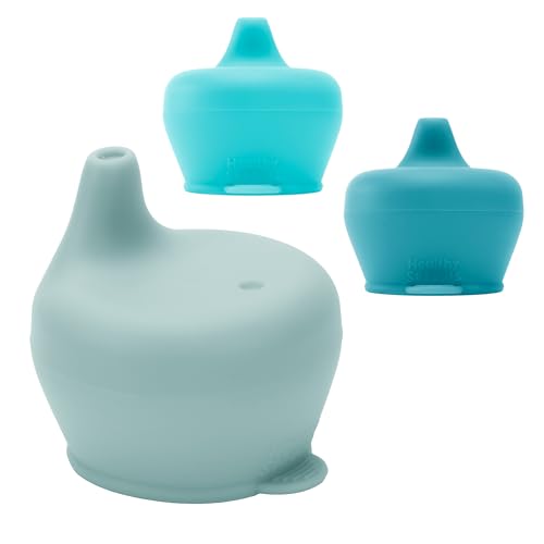 Image of Healthy Sprouts Silicone Sippy Cup Lids - Spill Proof, Fits Any Cup, BPA-Free, Durable & Soft for Babies & Toddlers, Quick to Attach - 3 Pack Silicone Lids for Cups (Steel Blue, Pool, Ice Blue)